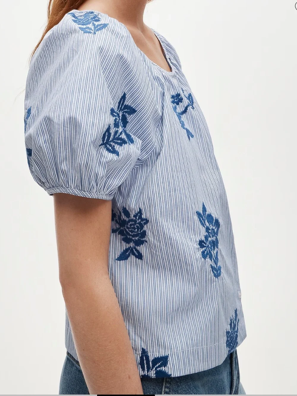 J. Crew Floral Striped Puff-Sleeve Button-up Embroidered Blouse